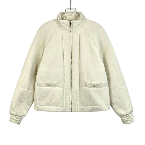 Gucci Beige Logo Jacquard Cotton Full-Zip Jacket With Dust Bag Size 42 Made In I - Picture 1 of 8